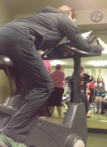 Don demonstrating cycling posture of the future; straight back, free diaphragm